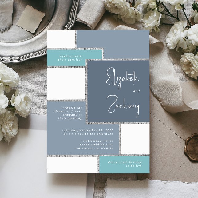 Convites Casamento Prata Vidro Azul Moderno Empoeirado (A unique choice for a modern wedding with a dusty blue and silver palette.)
