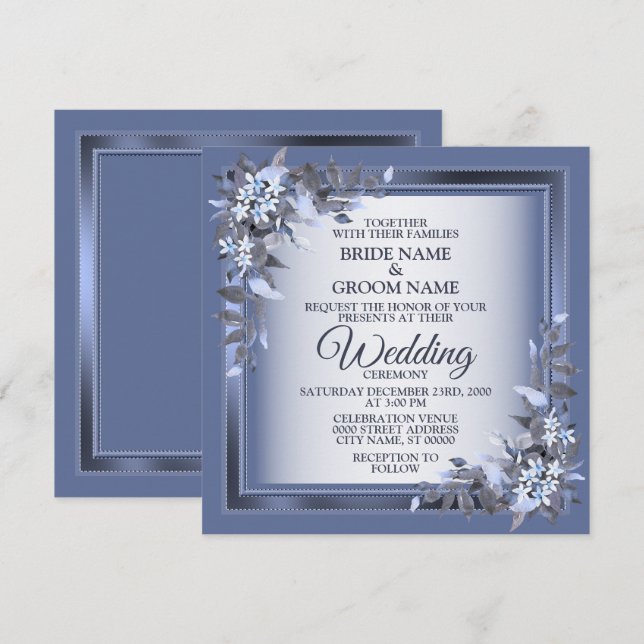 Convites Casamento prateado com Mola Azul-Floral com Frame  (Frente/Verso)
