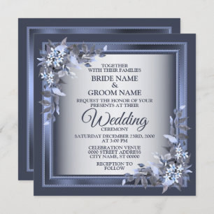 Convites Casamento prateado com Mola Azul-Floral com Frame 