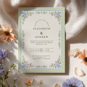 Convites Casamento Préppy com Hortênsia Xadrez Verde