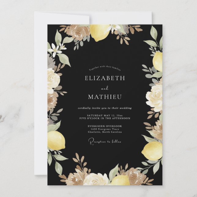 Convites Casamento Preto Amarelo Limão Eucalipto (Frente)