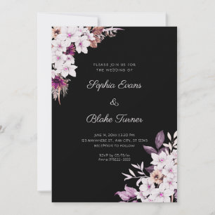 Convites Casamento Preto Boho com Flores Brancas e Rosadas