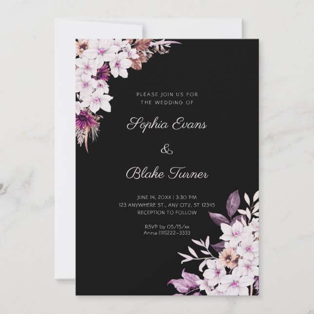 Convites Casamento Preto Boho com Flores Brancas e Rosadas (Frente)