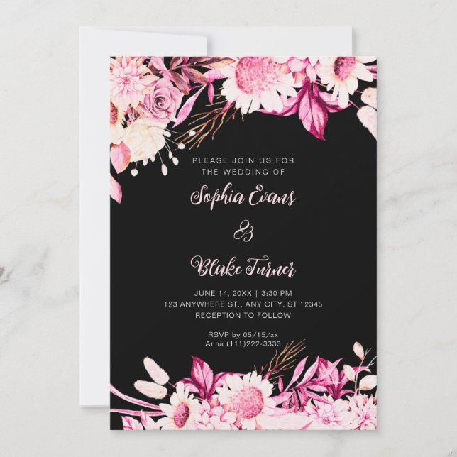 Convites Casamento Preto Boho com Flores Rosas e Brancas (Frente)