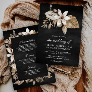 Convites Casamento Preto Boho Palma Seca Floral Tudo em Um