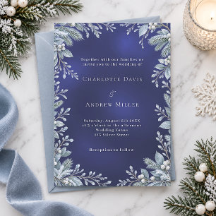 Convites Casamento Preto Botânico de Inverno Azul Gélido