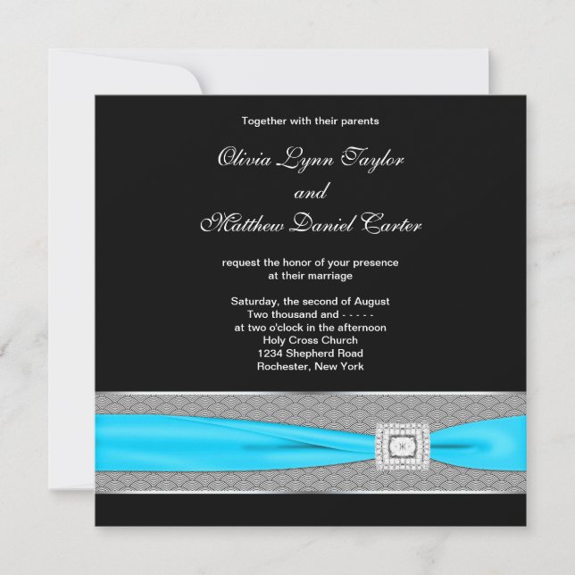Convites Casamento Preto Branco Azul Turquesa Azul Turquesa (Frente)