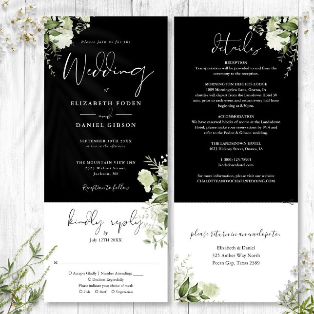 Convites Casamento Preto Branco Botânico Verde Tudo Em Um (Black White Botanical Greenery All In One Wedding Invitation)