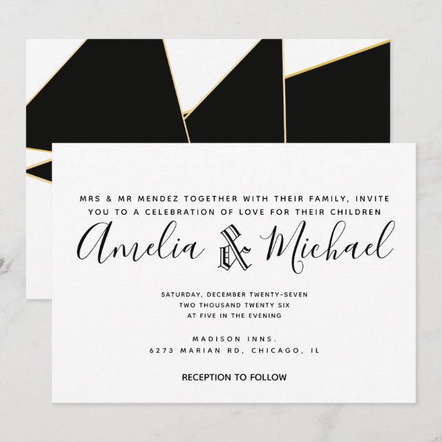 Convites Casamento Preto Branco Dourado Geométrico Moderno (Frente/Verso)