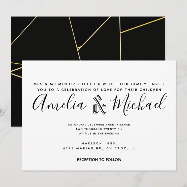 Convites Casamento Preto Branco Dourado Geométrico Moderno (Frente/Verso)