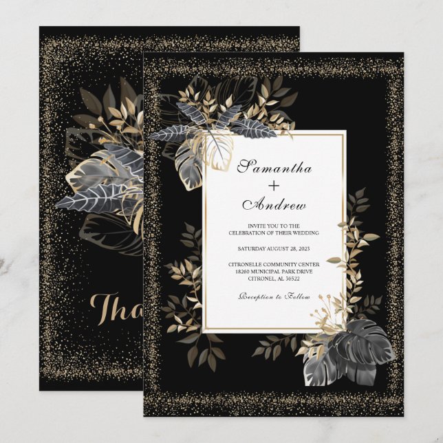 Convites Casamento Preto Branco E Dourado (Frente/Verso)