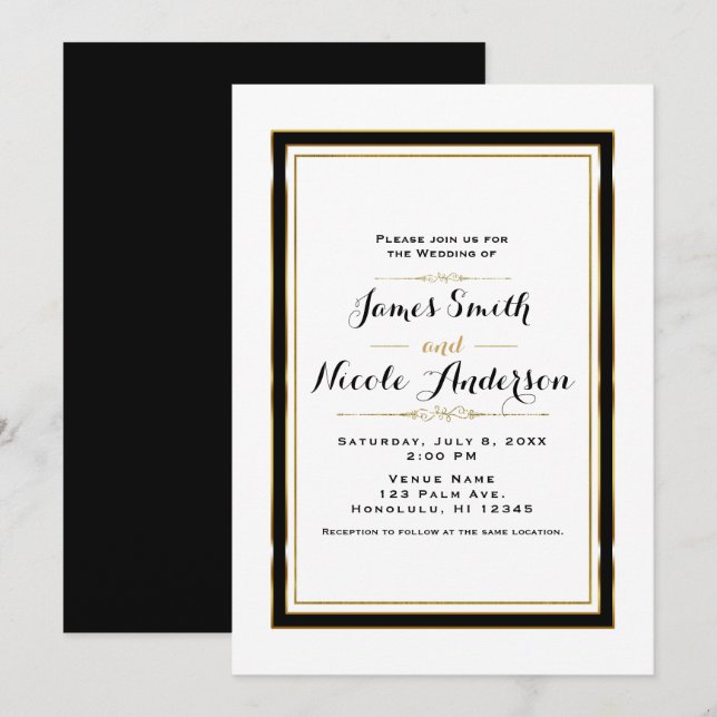 Convites Casamento Preto Branco e Dourado Minimalista Chic  (Frente/Verso)