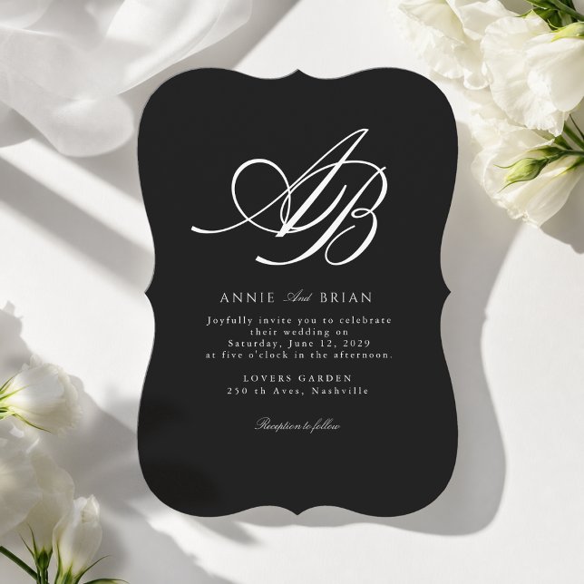 Convites Casamento Preto Branco Monograma Elegante (Elegant Monogram Black White Wedding Invitation)