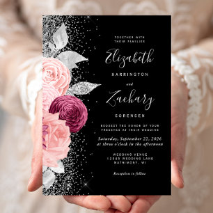 Convites Casamento Preto Brilho Prata Bege Burgundy Floral