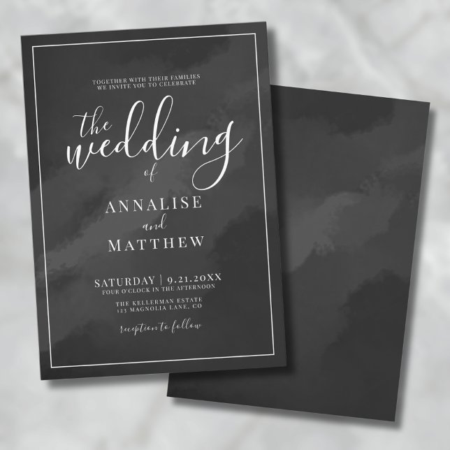 Convites Casamento Preto com Aquarela Minimalista (Simple Minimalist Elegant Watercolor Black Wedding Invitation)