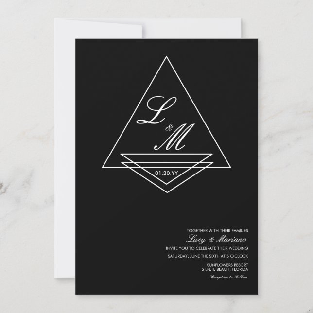 Convites Casamento Preto com Arte de Script Elegante Monogr (Frente)