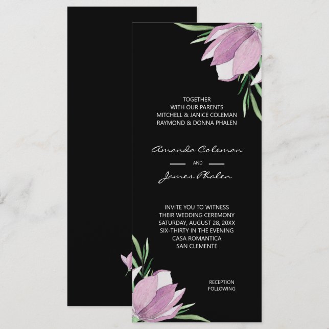 Convites Casamento Preto Com Cor De Água Floral Púrpura (Frente/Verso)
