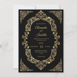 Convites Casamento Preto com Elegante Filigrana Dourada Vin