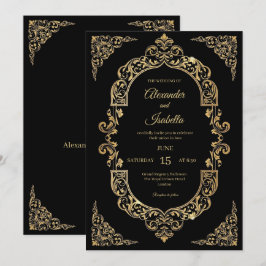 Convites Casamento Preto com Elegante Filigrana Dourada Vin