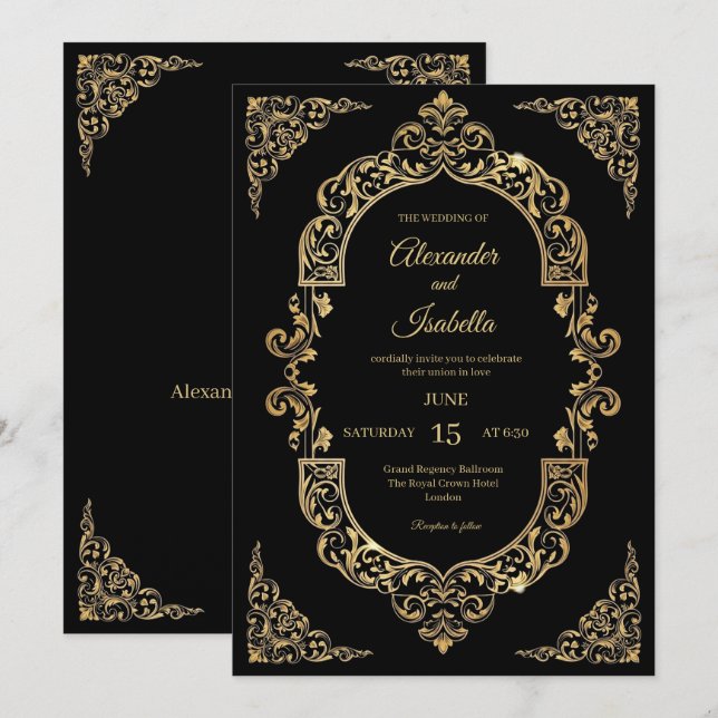Convites Casamento Preto com Elegante Filigrana Dourada Vin (Frente/Verso)