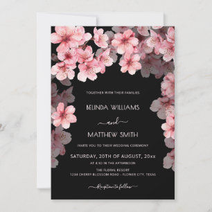 Convites Casamento Preto com Flor de Cerejeira em Aquarela
