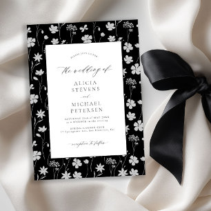 Convites Casamento preto com jardim floral branco elegante