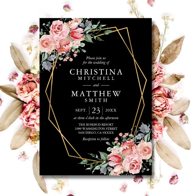 Convites Casamento Preto Cor-de-Rosa Esbranquiçada (Watercolor Floral Blush Pink Black Wedding Invitation)