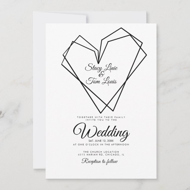 Convites Casamento Preto Corações Duplos Geométricos Modern (Frente)