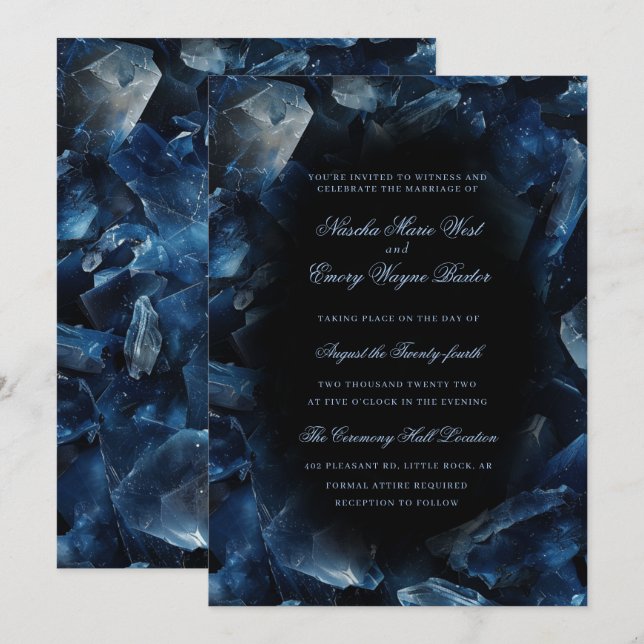 Convites Casamento Preto Cristais de Bruxa Boho Azul Escuro (Frente/Verso)