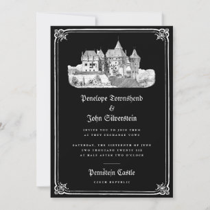 Convites Casamento Preto de Borda Desenhada do Castelo Góti