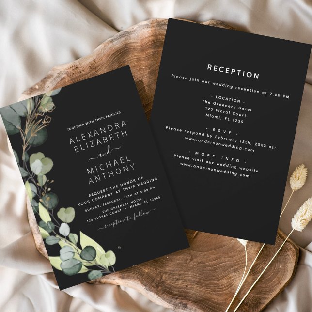 Convites Casamento preto de Eucalyptus Greenery (Criador carregado)