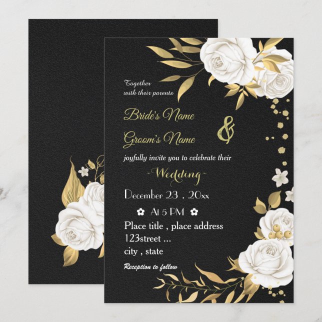 Convites casamento preto de flores brancas (Frente/Verso)