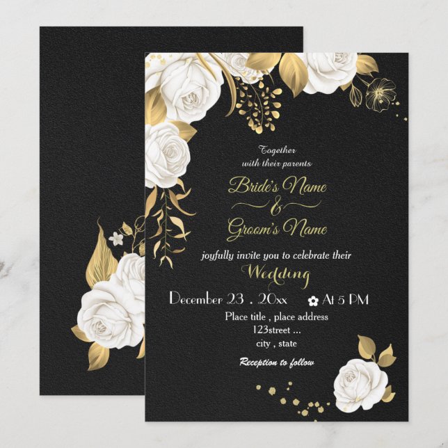Convites casamento preto de flores brancas (Frente/Verso)