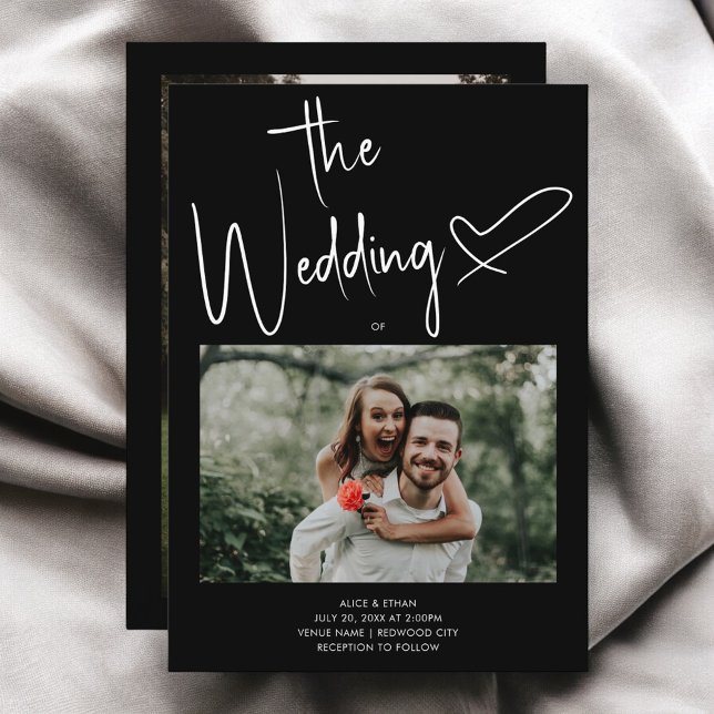 Convites Casamento Preto de Foto do Coração de Assinatura d (Criador carregado)