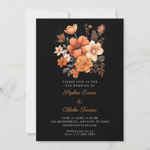 Convites Casamento Preto do Buquê Floral Laranja bonito Que