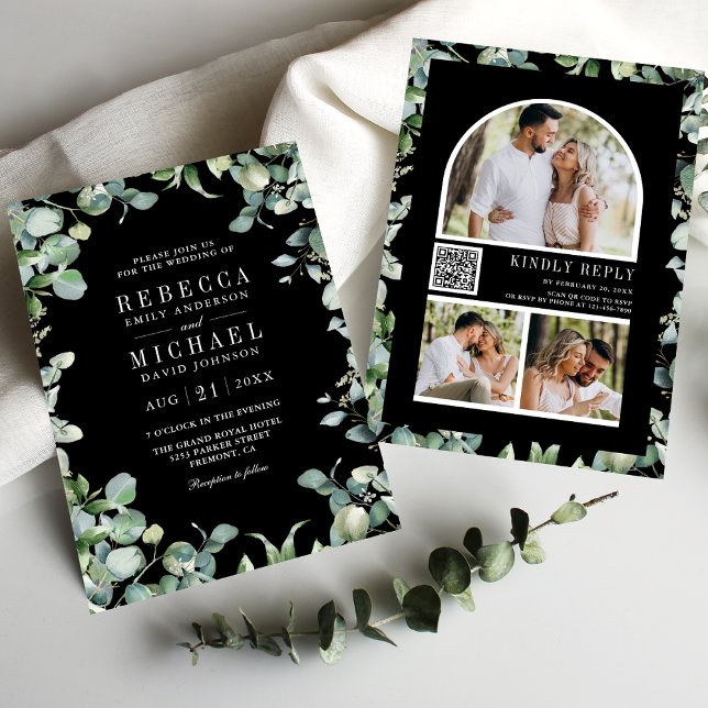 Convites Casamento Preto do Código QR do Eucalyptus Foto Mo (Criador carregado)