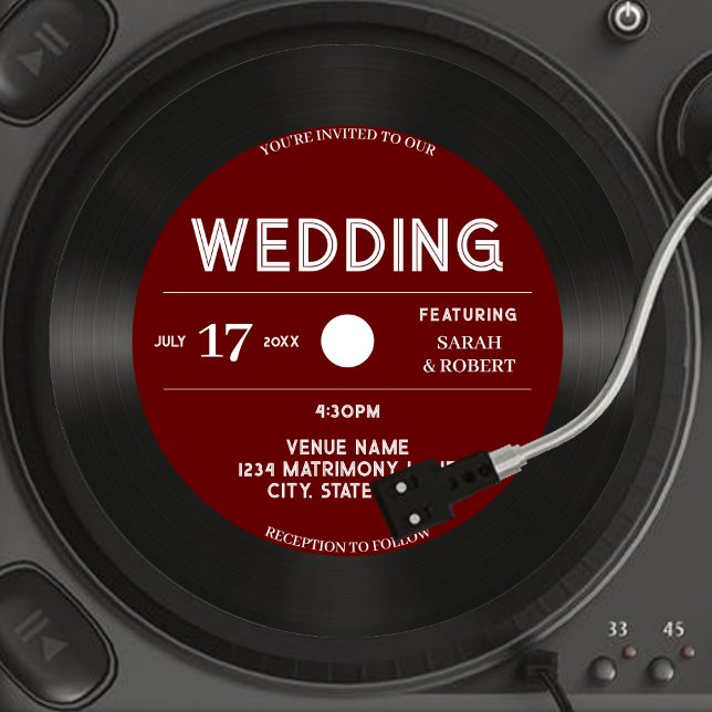 Convites Casamento Preto Do Registro De Vinilo Vermelho Ret (Retro Vintage Red Vinyl Record Black Wedding Invitation)