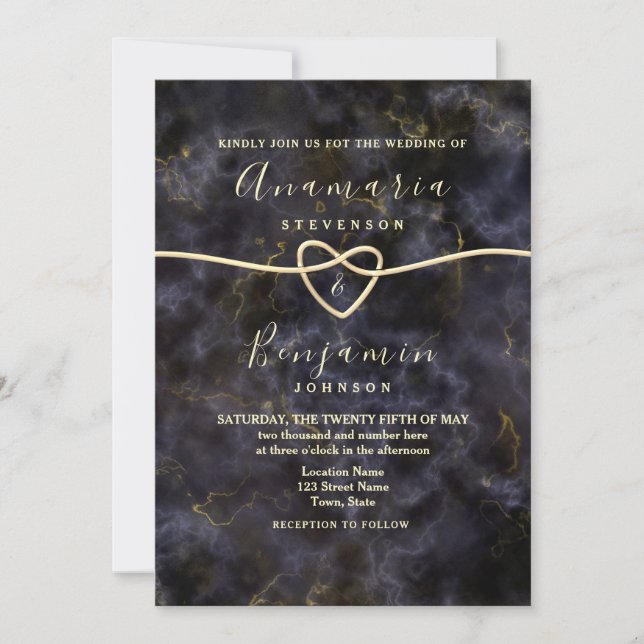 Convites Casamento Preto Dourado Brilho de Mármore (Frente)