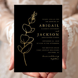 Convites Casamento Preto Dourado com Desenho Minimalista de