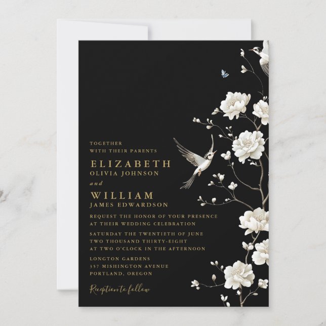 Convites Casamento Preto Dourado com Florais de Chinoiserie (Frente)