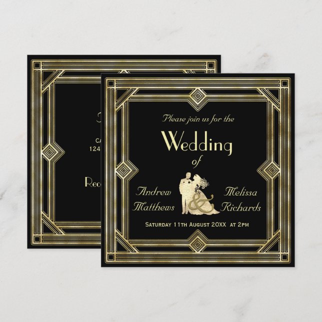 Convites Casamento preto Dourado do art deco elegante (Frente/Verso)