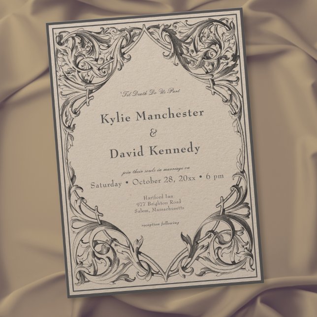 Convites Casamento Preto e Bege ao Estilo Vitoriano Até a M (Victorian Bat Until Death Black & Tan Wedding Invitation)