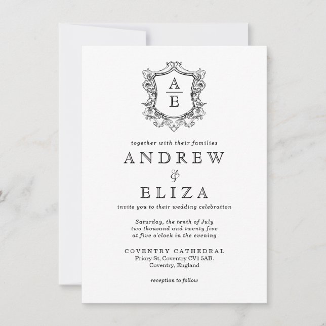 Convites Casamento preto e branco clássico do monograma (Frente)