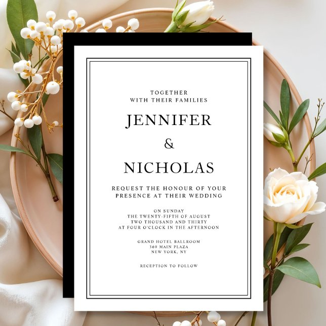 Convites Casamento Preto e Branco Clássico e Elegante (Elegant Classic Formal Black And White Wedding Invitation)