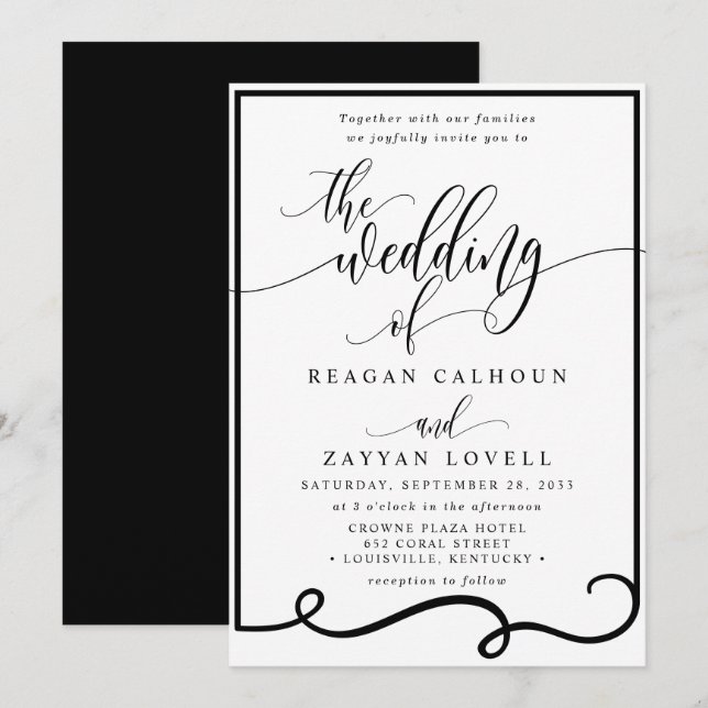 Convites Casamento Preto e Branco com Caligrafia Chic (Frente/Verso)