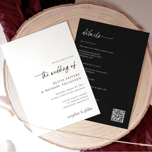 Convites Casamento Preto e Branco com Caligrafia em Um Só (All-in-one wedding invite with modern handwriting script and black back with white text and QR code)