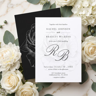 Convites Casamento Preto e Branco com Detalhe de Rosa Simpl