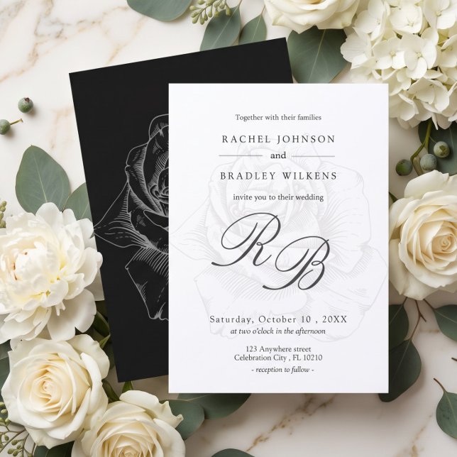 Convites Casamento Preto e Branco com Detalhe de Rosa Simpl (Criador carregado)