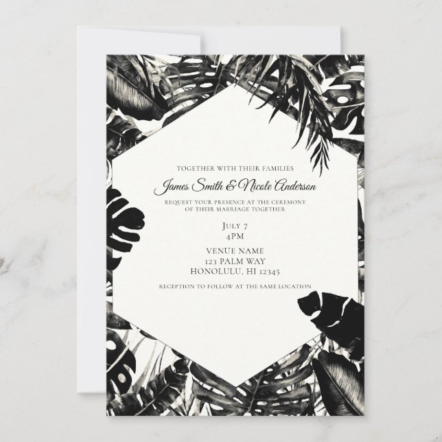 Convites Casamento Preto e Branco com Folhas de Palma Tropi (Frente)