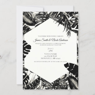 Convites Casamento Preto e Branco com Folhas de Palma Tropi